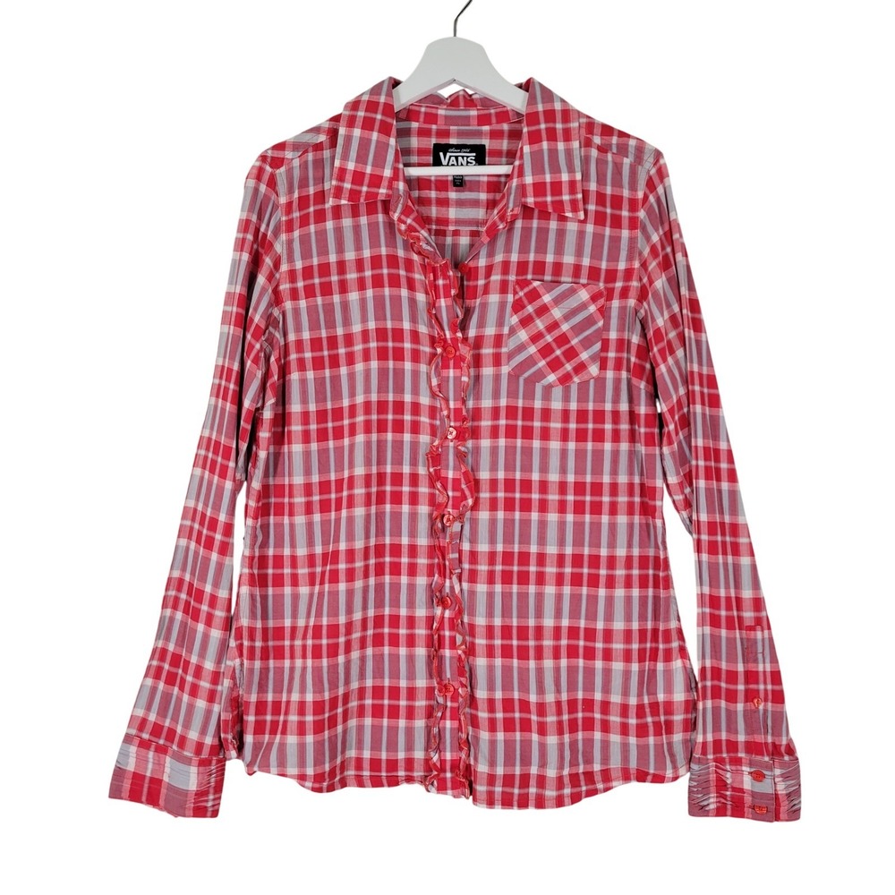 Vans Button Down‎ Shirt Womens XL Red Plaid Ruffle Trim Western Yoke Long Sleeve